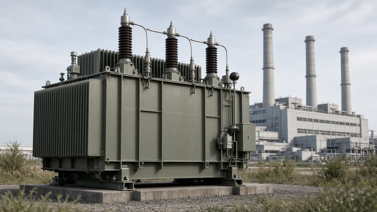 Representative 345 kV class generator step-up transformer on a pad with a generation plant behind