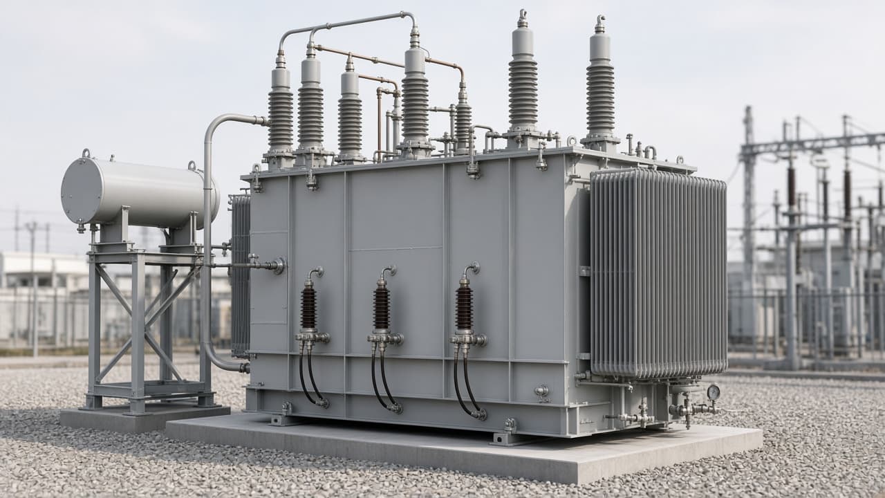 Representative 230 kV class large power transformer in a transmission switchyard