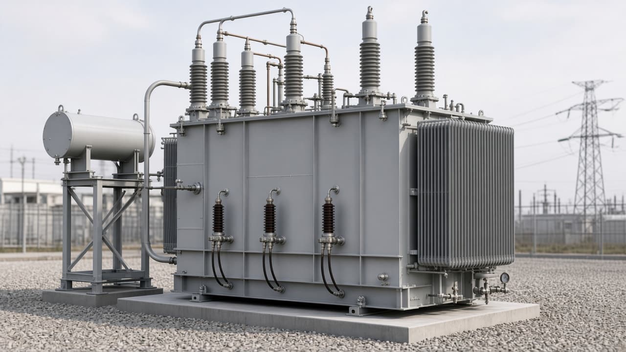 Representative 138 kV class medium power transformer in a station yard