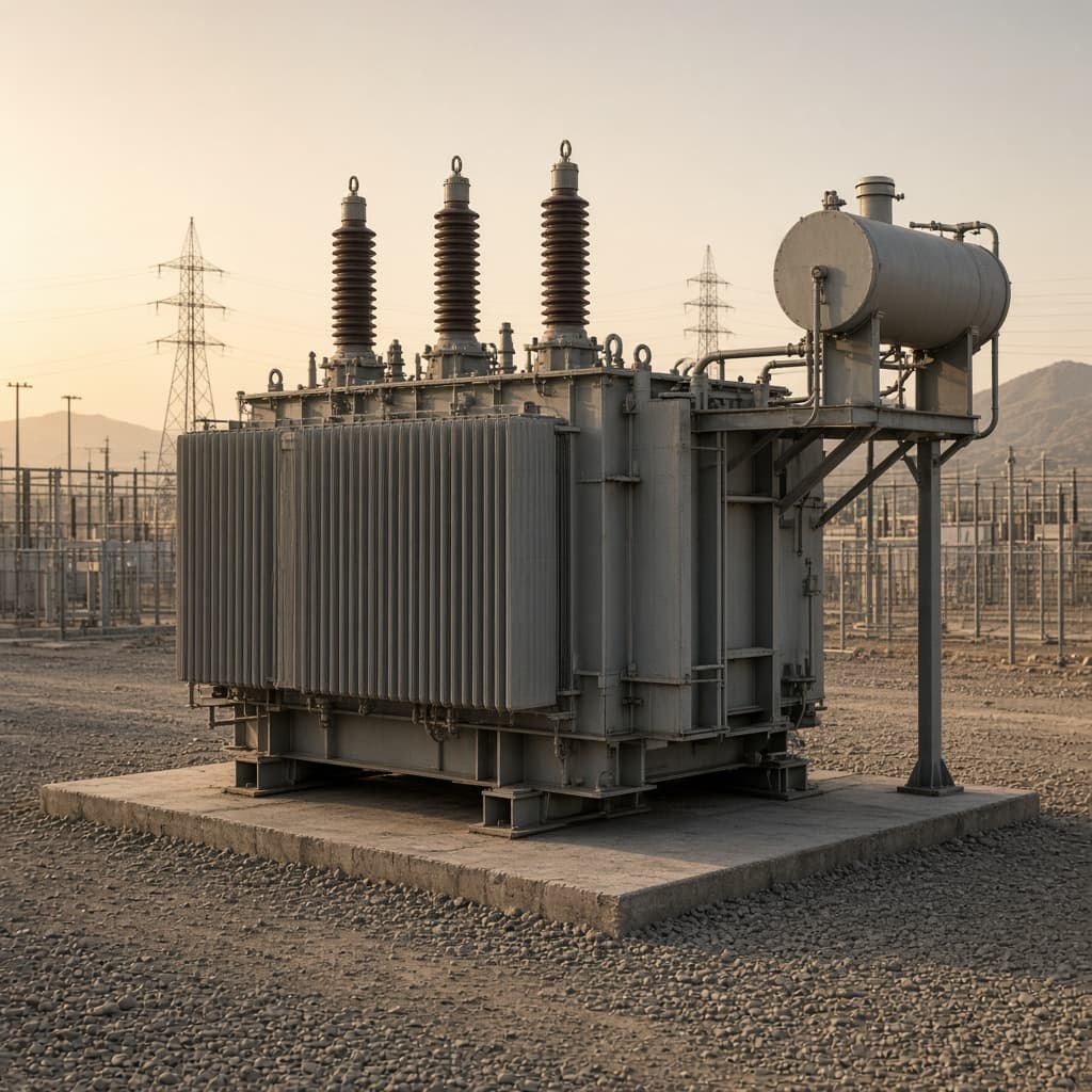 Representative 230 kV class generator step-up transformer on a concrete pad in a generation yard