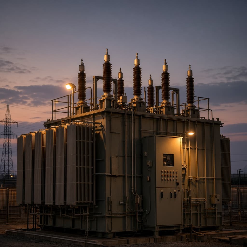 Representative 345 kV class generator step-up transformer at dusk, HV bushings and radiator banks in view