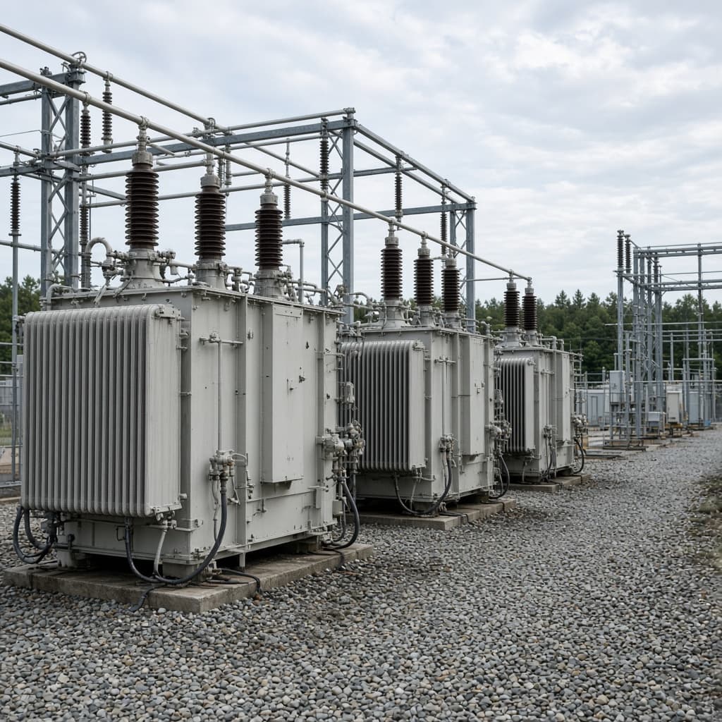 Representative 138 kV class generator step-up transformer in a row of single-phase tanks in a switchyard