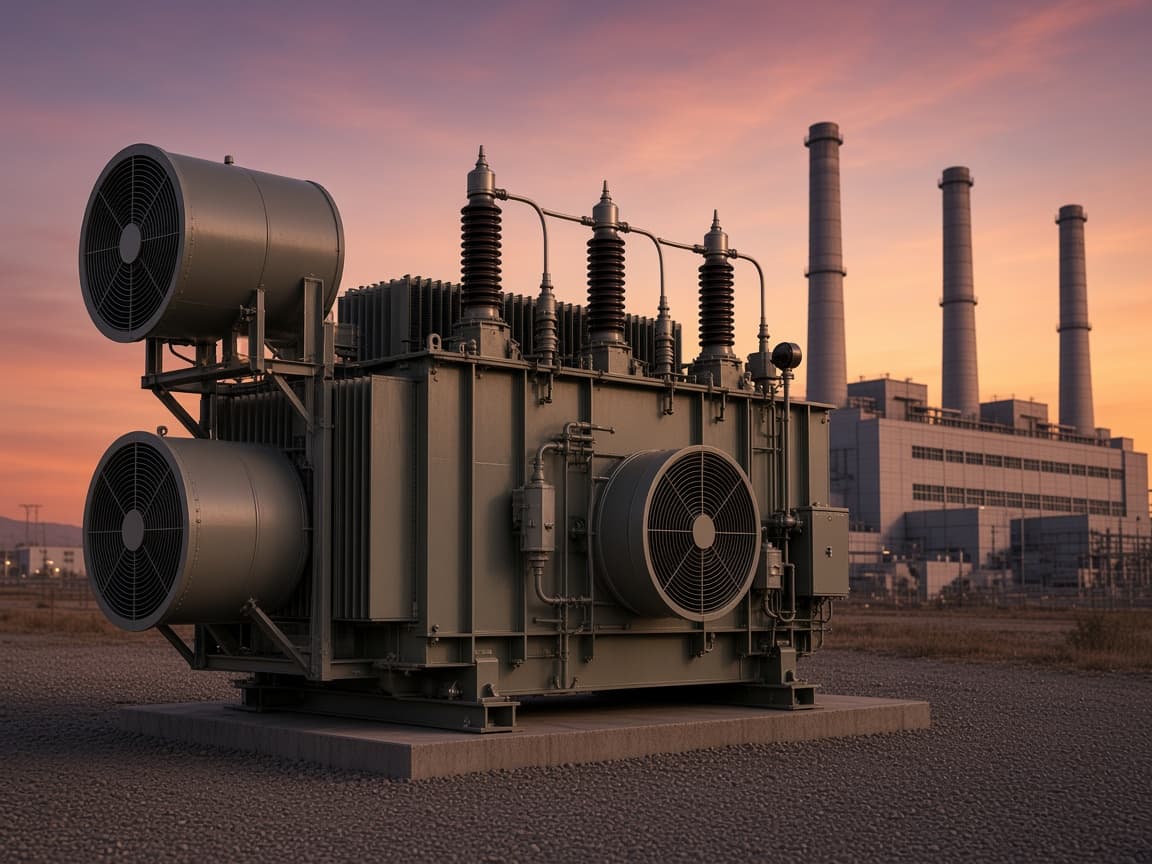 Representative 230 kV class generator step-up transformer with forced-oil cooling fans at a plant at dusk