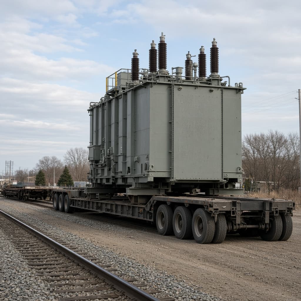 Representative large power transformer staged near a rail siding for heavy haul