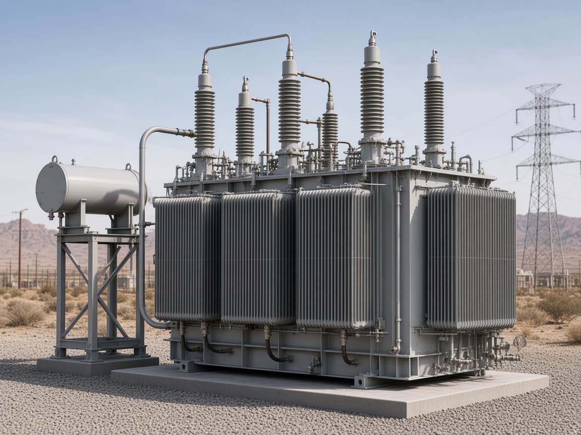 Representative 138 kV class large power transformer in a western desert switchyard