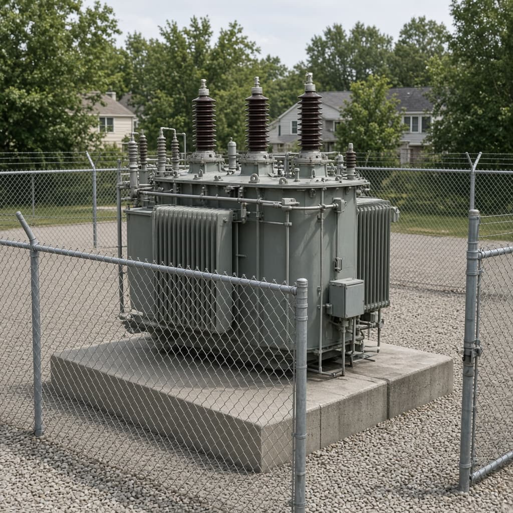 Representative 138 kV class medium power transformer in a distribution substation