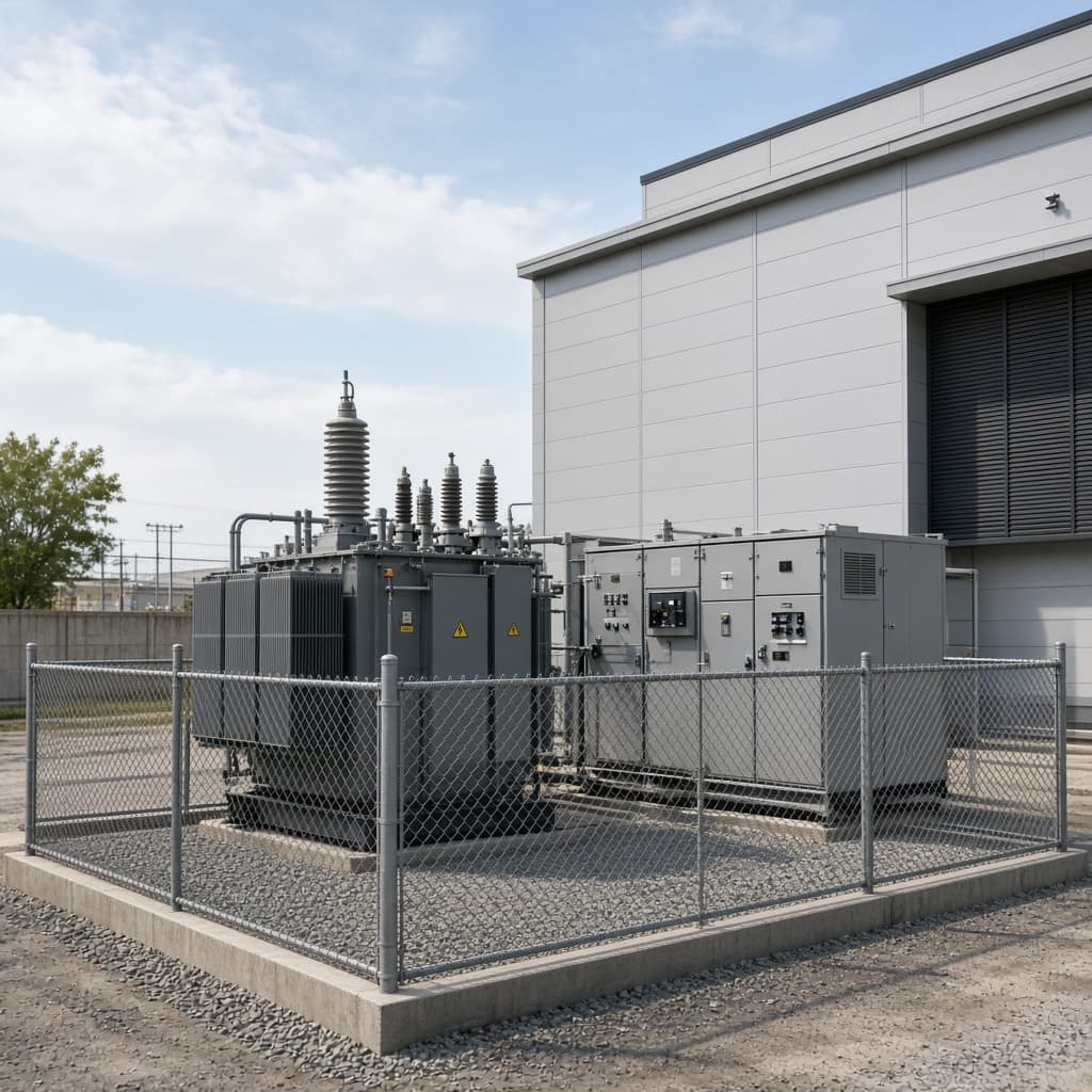 Representative 69 kV class medium power transformer in an urban substation yard