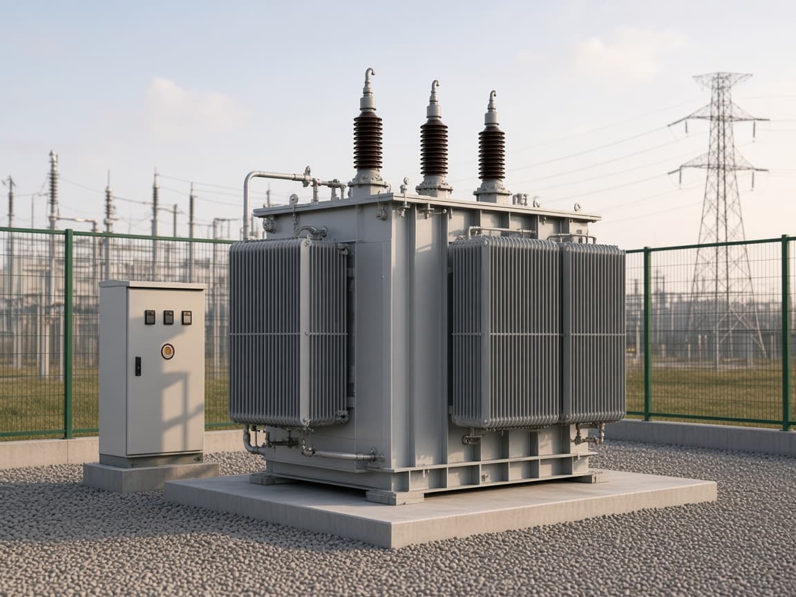Representative 69 kV class medium power transformer as a small self-cooled unit on a pad