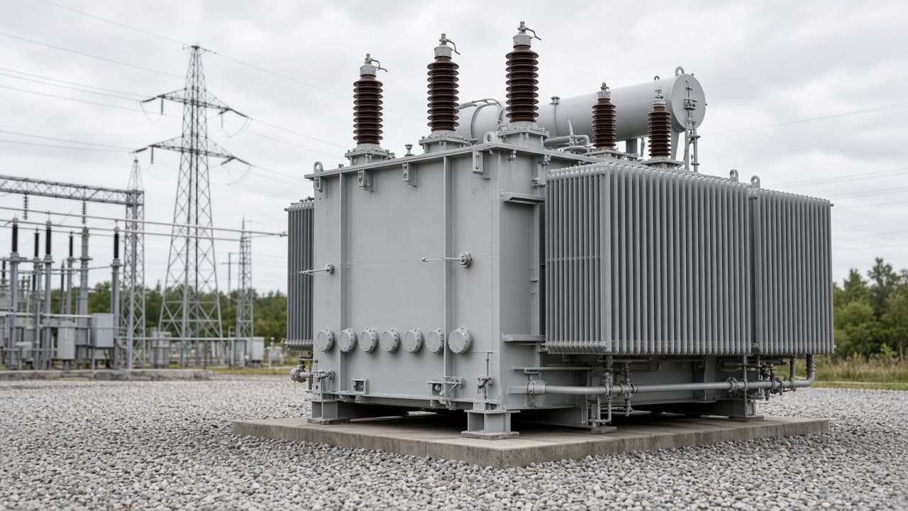 Representative 345 kV class medium power transformer on a station pad with radiators and buswork