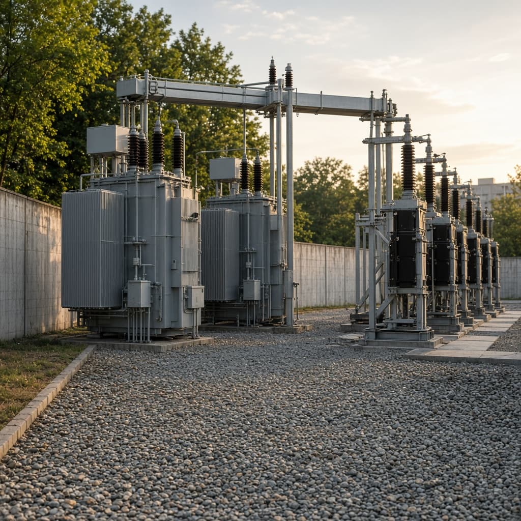 Representative 345 kV class transformer package in a campus electrical yard with paired transformers