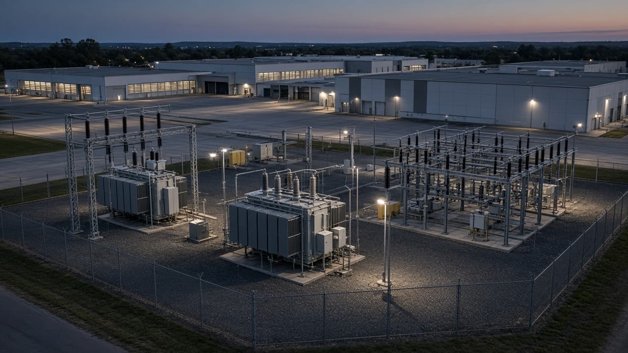 Representative transformer package in a campus package yard at dusk