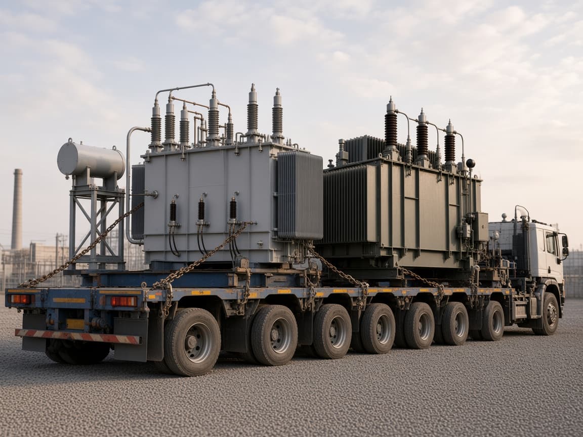 Representative 345 kV class transformer package staged on a heavy-haul trailer